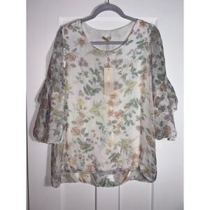 NWT‎ Giusy Floral Ruffle Sleeve Sheer Blouse Italian Silk Size M Cottagecore